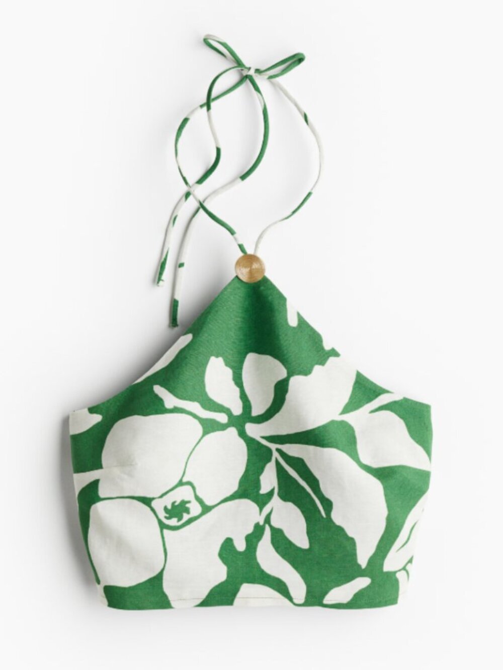 H&M Green and White Leaf Print Halter Top Gold Bead Size Small NWT